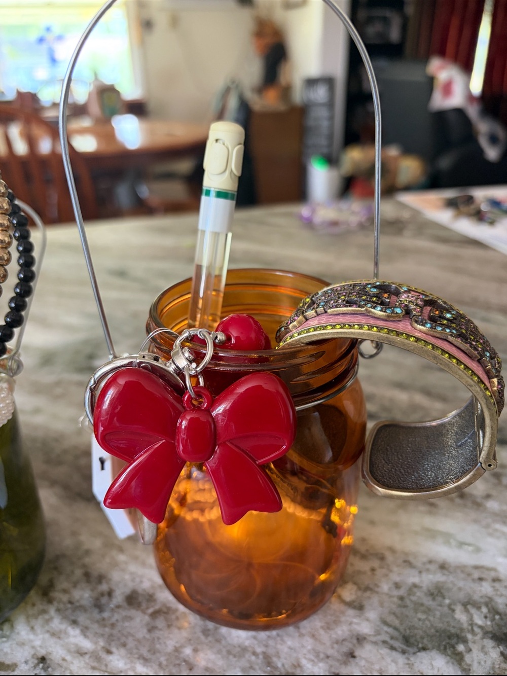 Women’s Orange mason jewelry jar with Red Bow Charm Keychain Pendant